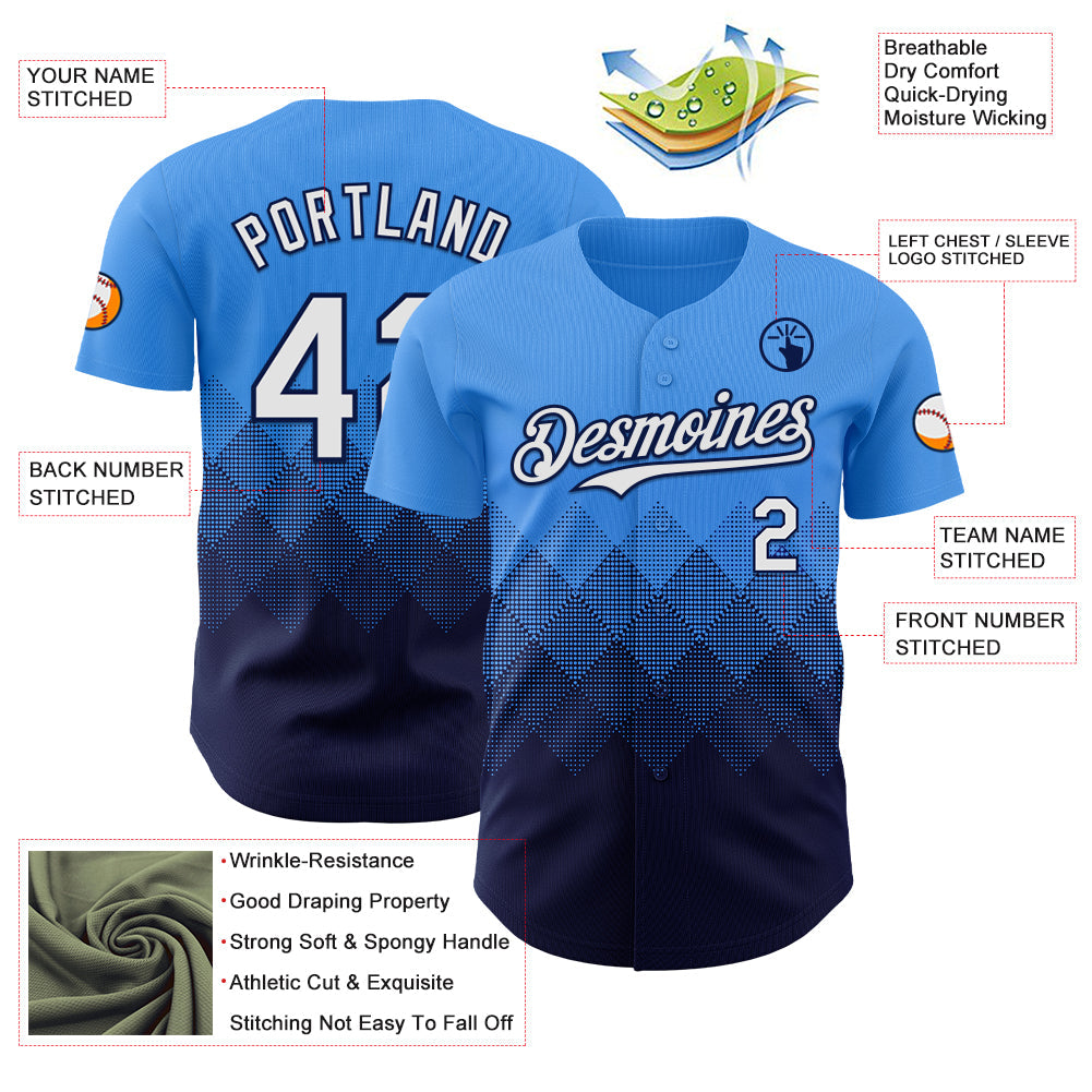 Custom Electric Blue White-Navy 3D Gradient Square Shape Authentic Baseball Jersey view 3