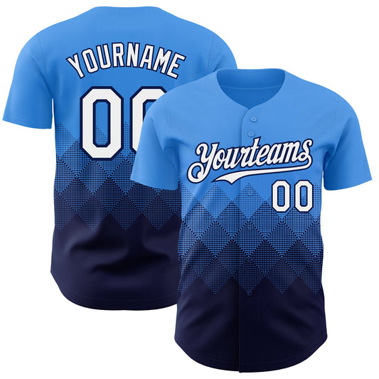 Custom Electric Blue White-Navy 3D Gradient Square Shape Authentic Baseball Jersey - Main View