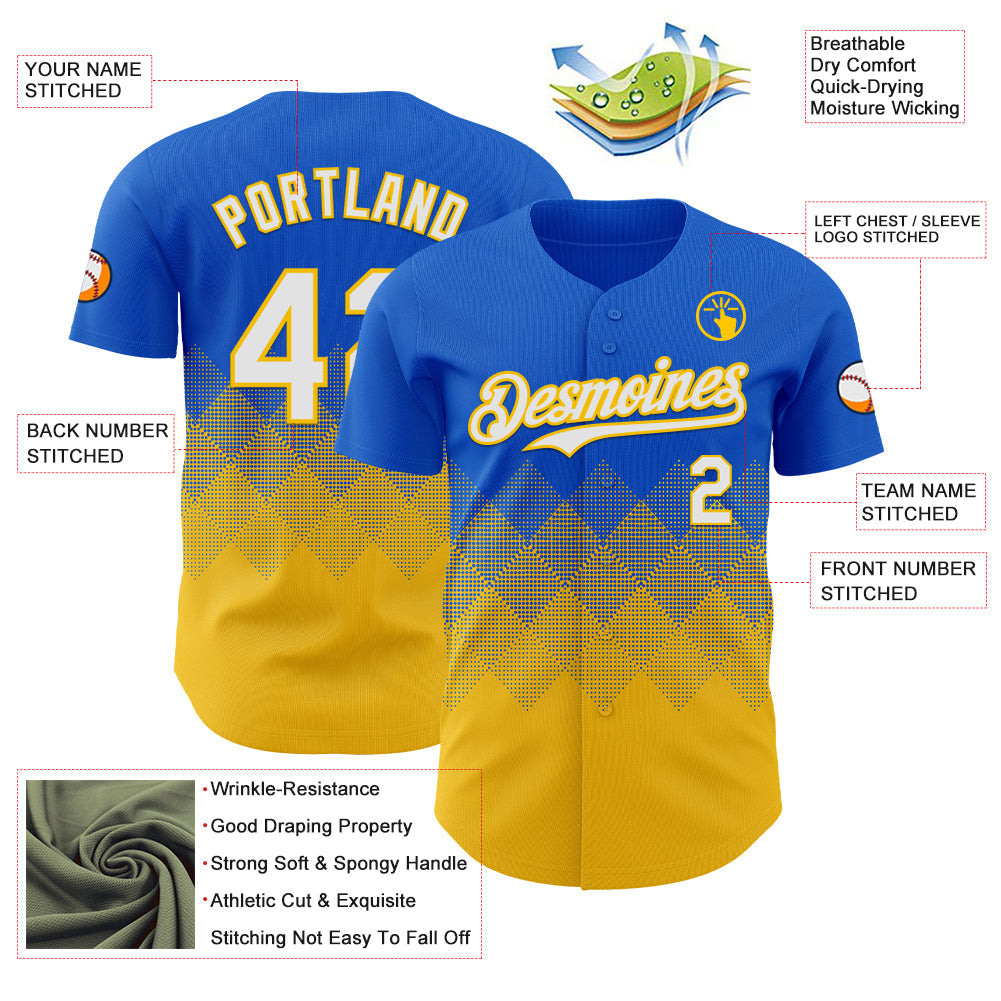 Custom Thunder Blue White-Yellow 3D Gradient Square Shape Authentic Baseball Jersey view 3