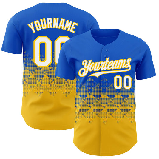 Custom Thunder Blue White-Yellow 3D Gradient Square Shape Authentic Baseball Jersey - Main View