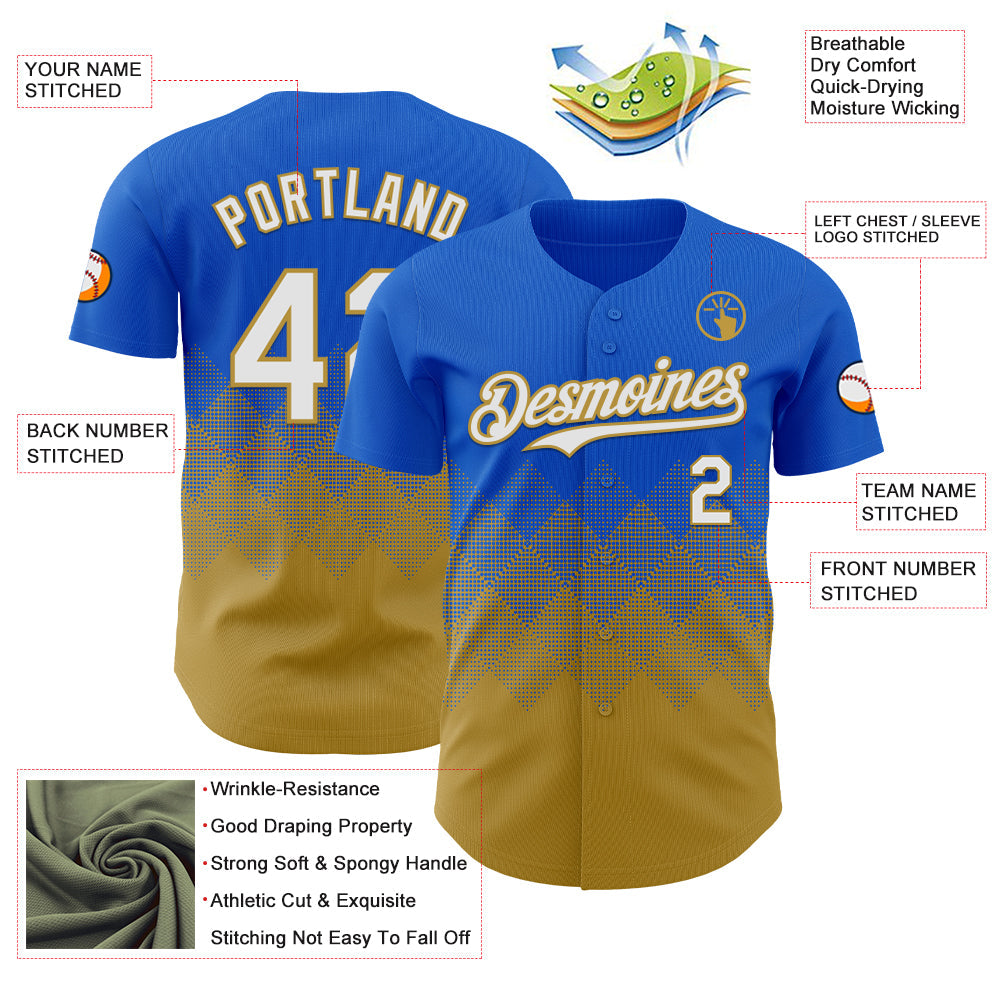 Custom Thunder Blue White-Old Gold 3D Gradient Square Shape Authentic Baseball Jersey view 3