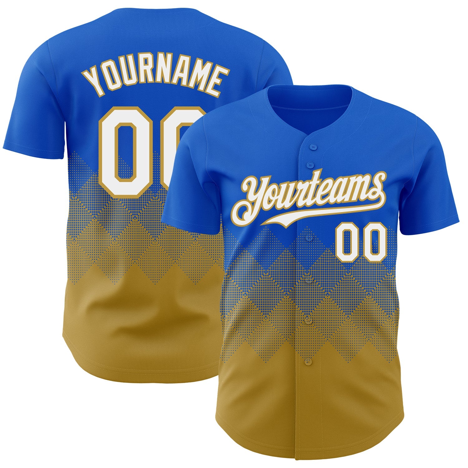 Custom Thunder Blue White-Old Gold 3D Gradient Square Shape Authentic Baseball Jersey - Main View