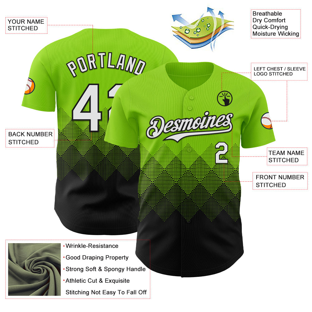 Custom Neon Green White-Black 3D Gradient Square Shape Authentic Baseball Jersey view 3