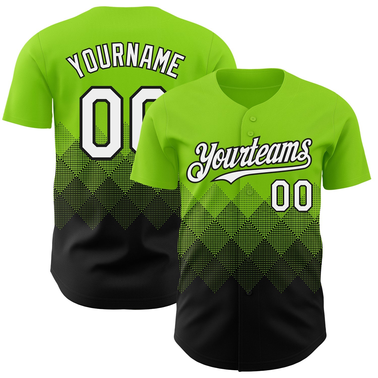 Custom Neon Green White-Black 3D Gradient Square Shape Authentic Baseball Jersey - Main View