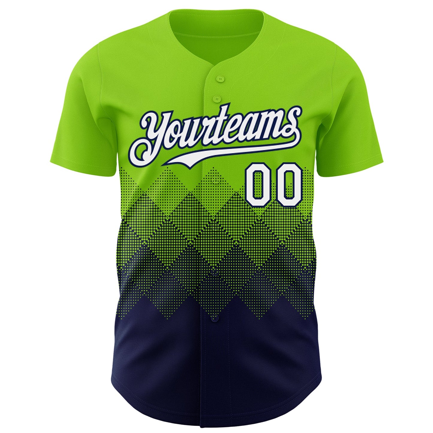 Custom Neon Green White-Navy 3D Gradient Square Shape Authentic Baseball Jersey view 2