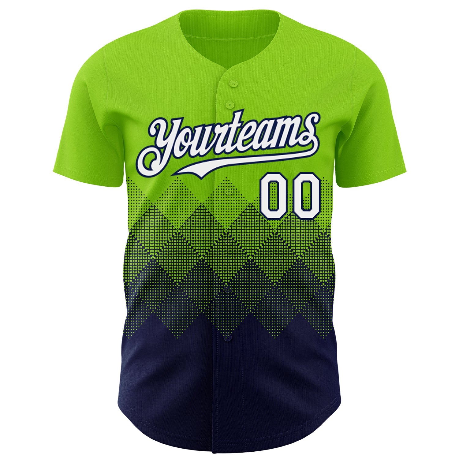 Custom Neon Green White-Navy 3D Gradient Square Shape Authentic Baseball Jersey view 2