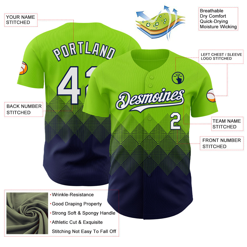 Custom Neon Green White-Navy 3D Gradient Square Shape Authentic Baseball Jersey view 3