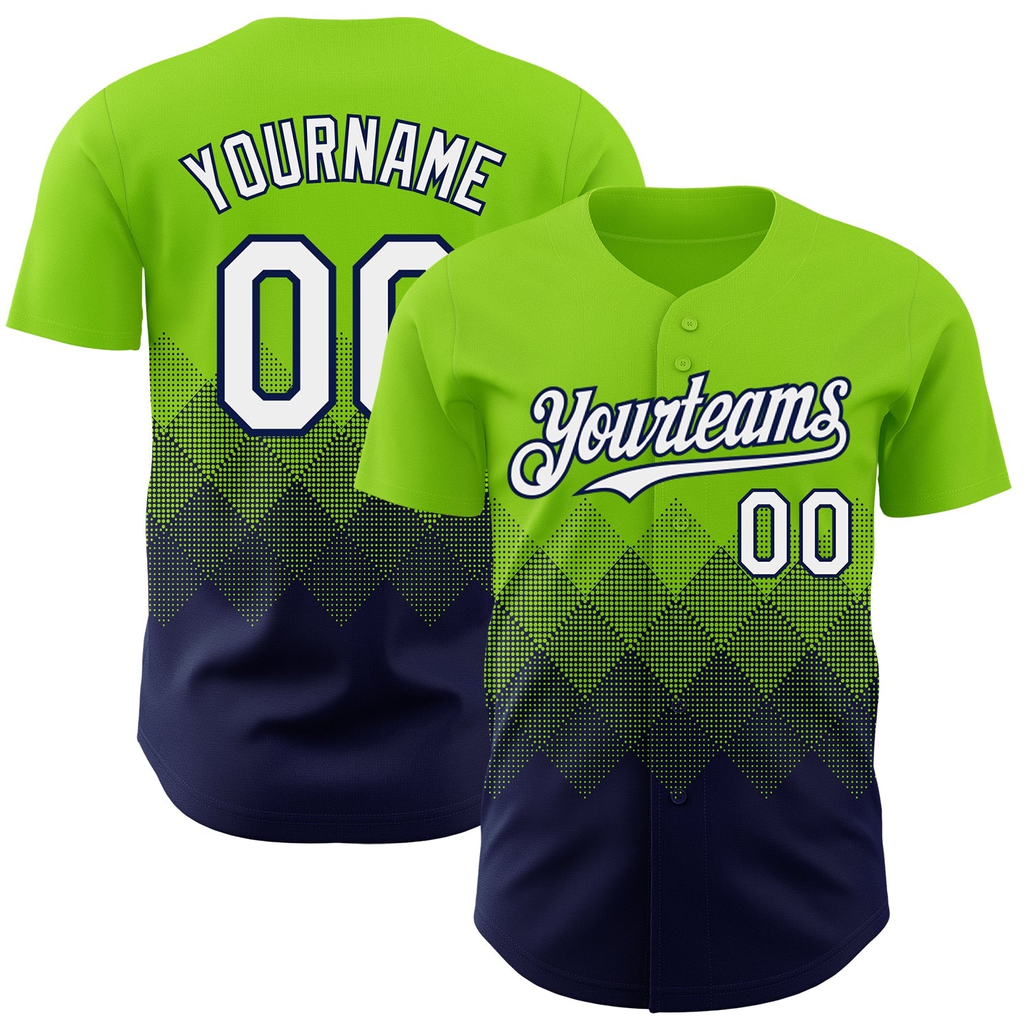 Custom Neon Green White-Navy 3D Gradient Square Shape Authentic Baseball Jersey - Main View