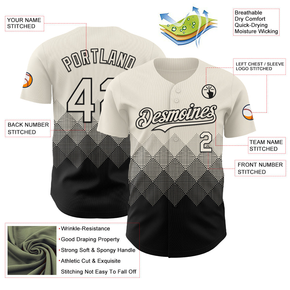 Custom Cream Black 3D Gradient Square Shape Authentic Baseball Jersey view 3