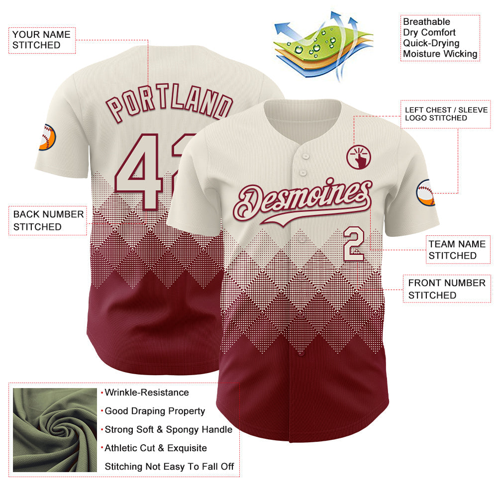 Custom Cream Crimson 3D Gradient Square Shape Authentic Baseball Jersey view 3