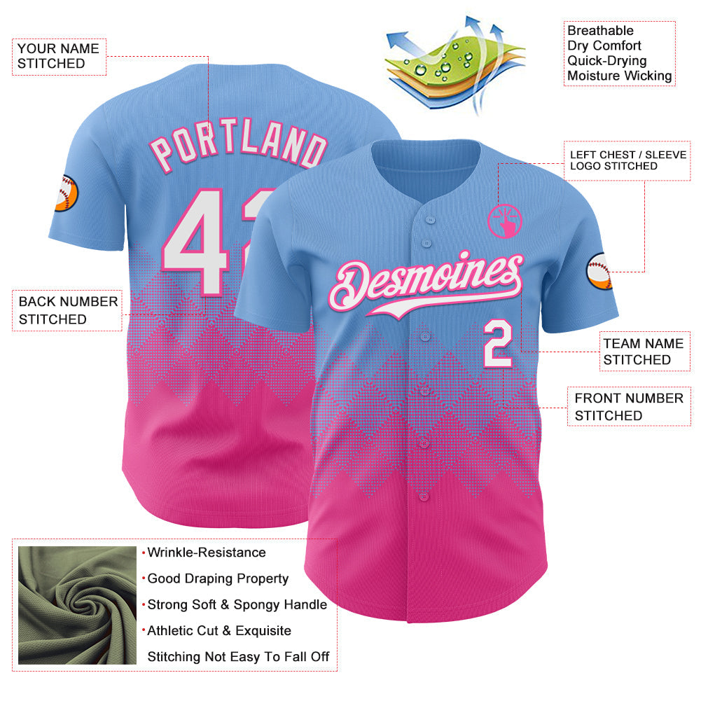 Custom Light Blue White-Pink 3D Gradient Square Shape Authentic Baseball Jersey view 3