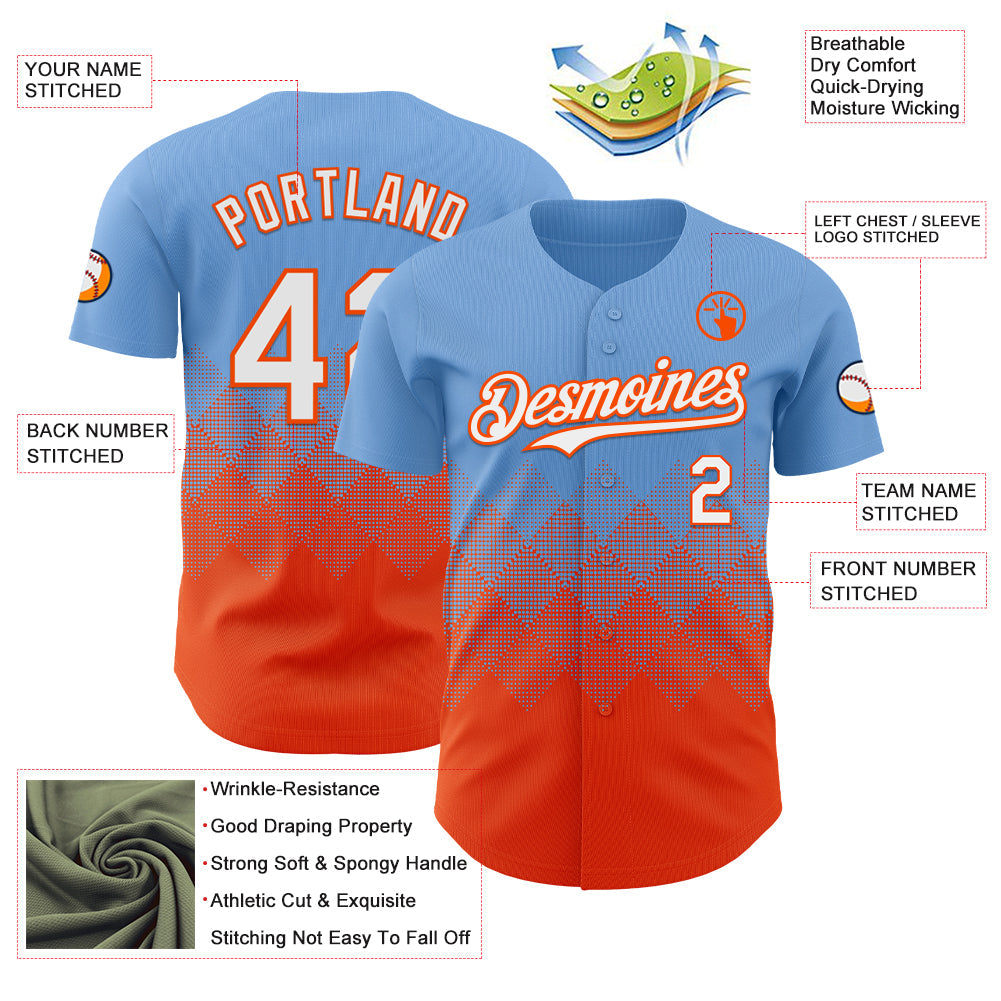 Custom Light Blue White-Orange 3D Gradient Square Shape Authentic Baseball Jersey view 3