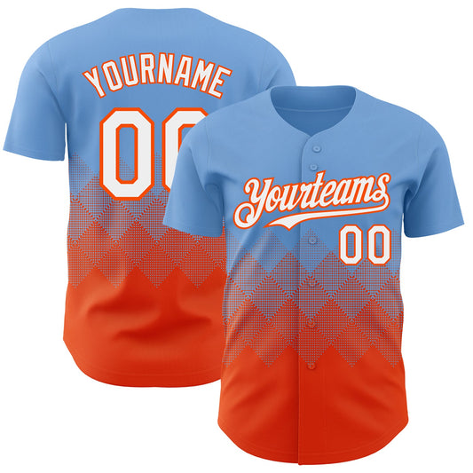 Custom Light Blue White-Orange 3D Gradient Square Shape Authentic Baseball Jersey - Main View