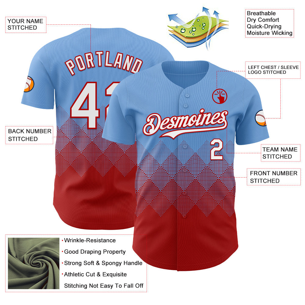 Custom Light Blue White-Red 3D Gradient Square Shape Authentic Baseball Jersey view 3