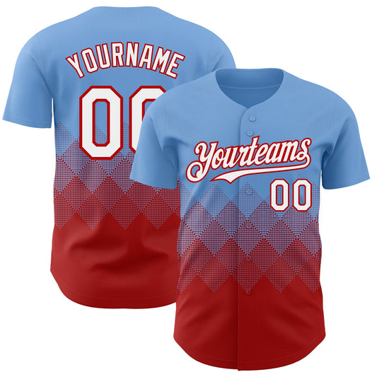 Custom Light Blue White-Red 3D Gradient Square Shape Authentic Baseball Jersey - Main View