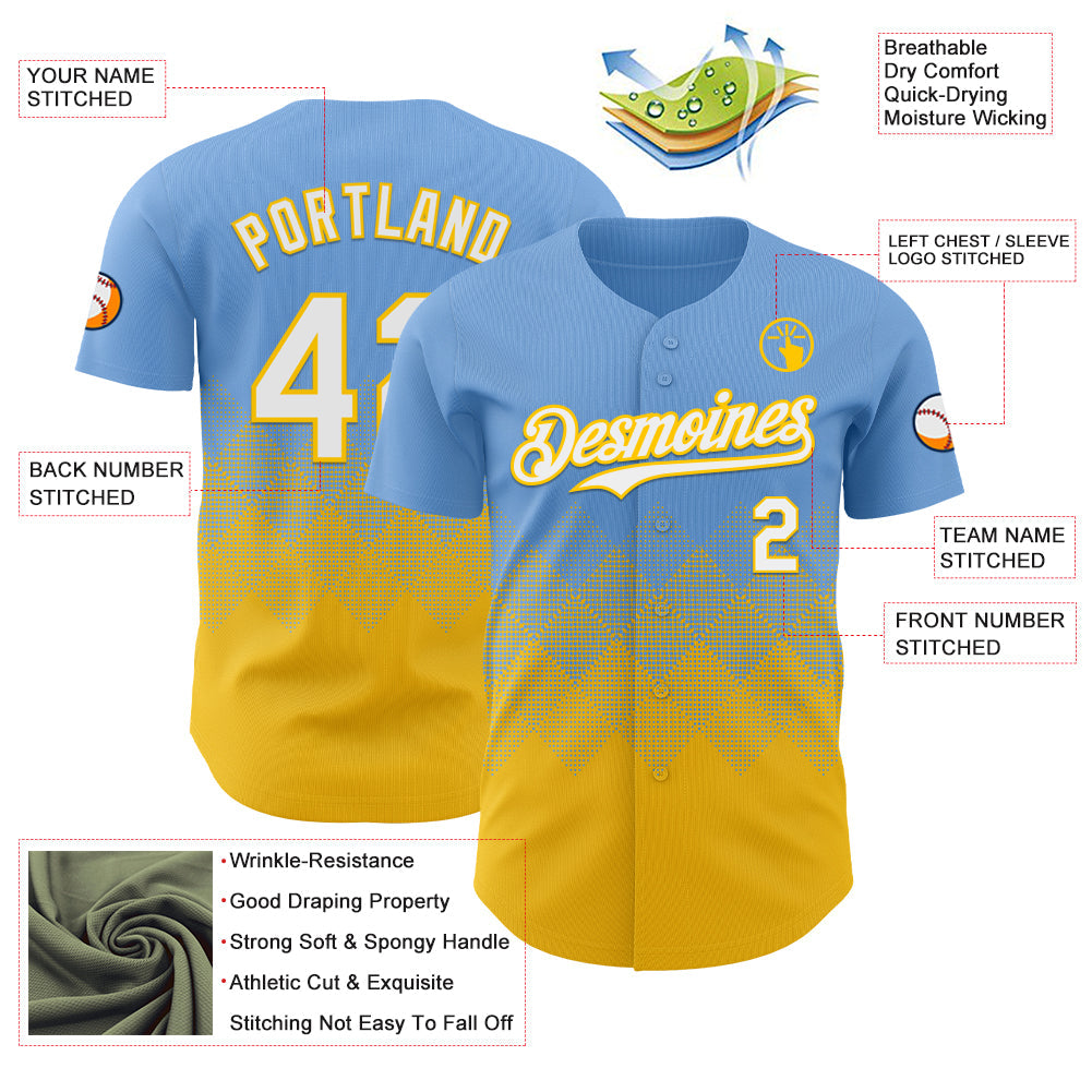 Custom Light Blue White-Yellow 3D Gradient Square Shape Authentic Baseball Jersey view 3