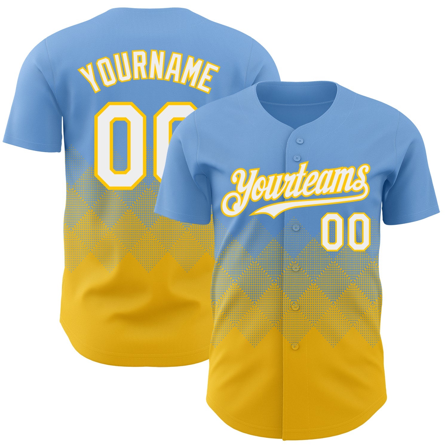 Custom Light Blue White-Yellow 3D Gradient Square Shape Authentic Baseball Jersey - Main View