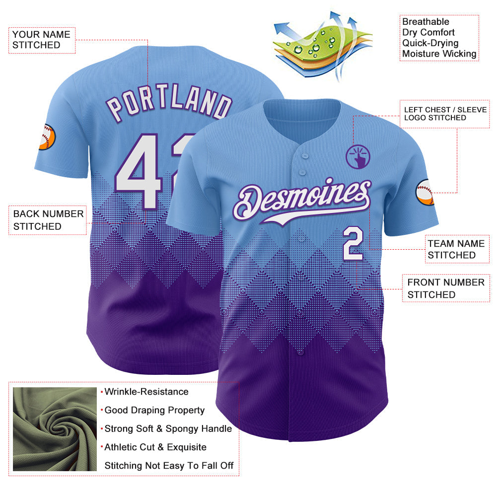 Custom Light Blue White-Purple 3D Gradient Square Shape Authentic Baseball Jersey view 3