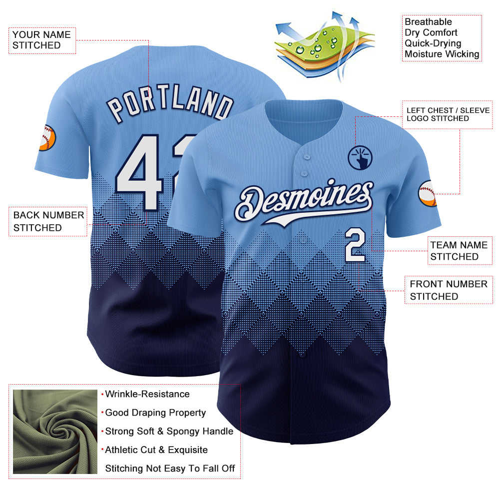 Custom Light Blue White-Navy 3D Gradient Square Shape Authentic Baseball Jersey view 3