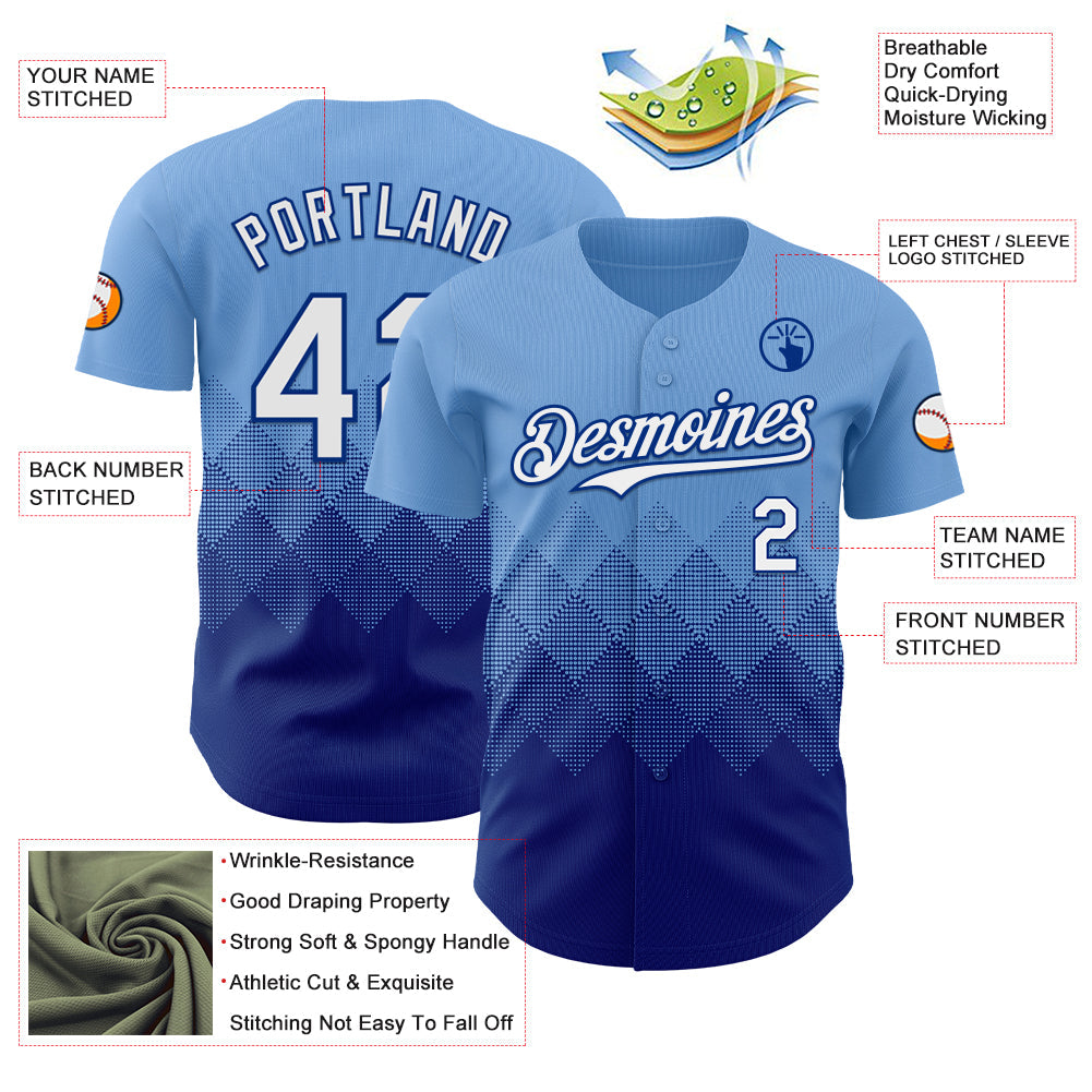 Custom Light Blue White-Royal 3D Gradient Square Shape Authentic Baseball Jersey view 3