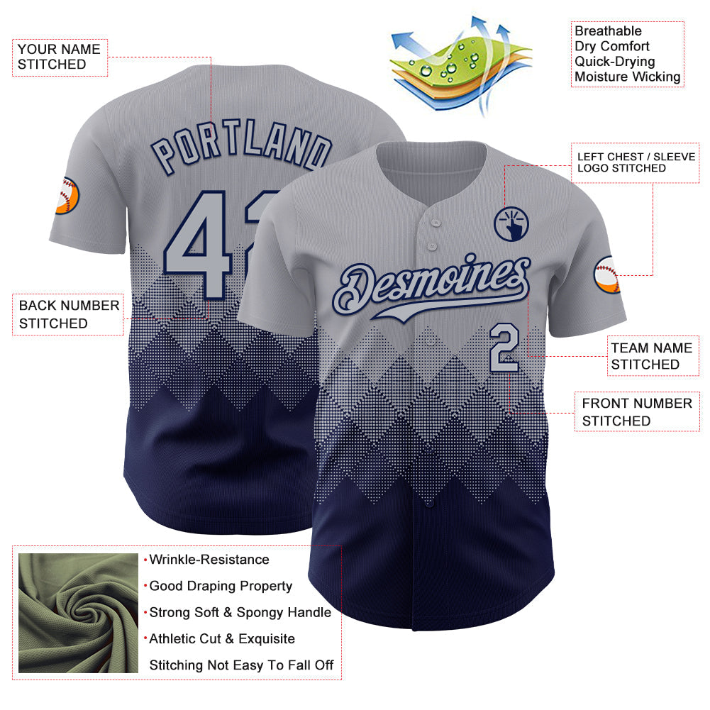 Custom Gray Navy 3D Gradient Square Shape Authentic Baseball Jersey view 3