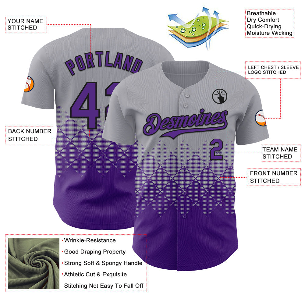 Custom Gray Purple-Black 3D Gradient Square Shape Authentic Baseball Jersey view 3