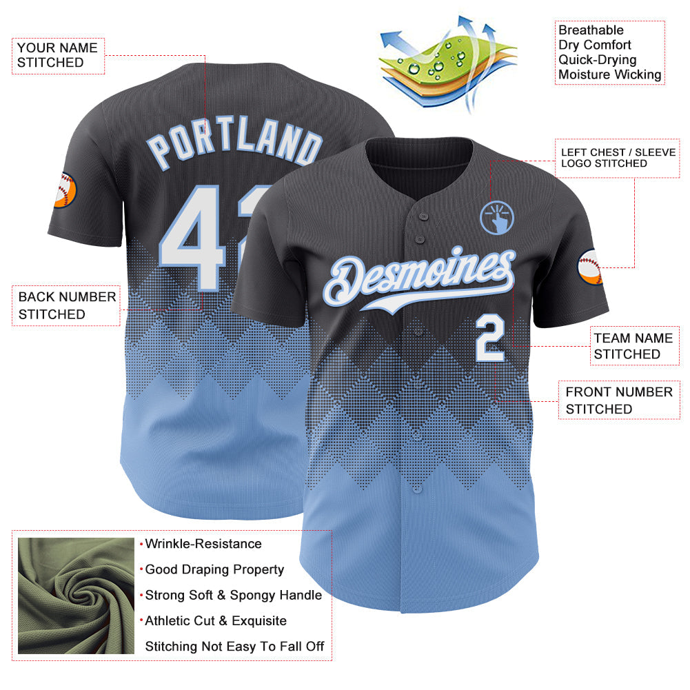 Custom Steel Gray White-Light Blue 3D Gradient Square Shape Authentic Baseball Jersey view 3