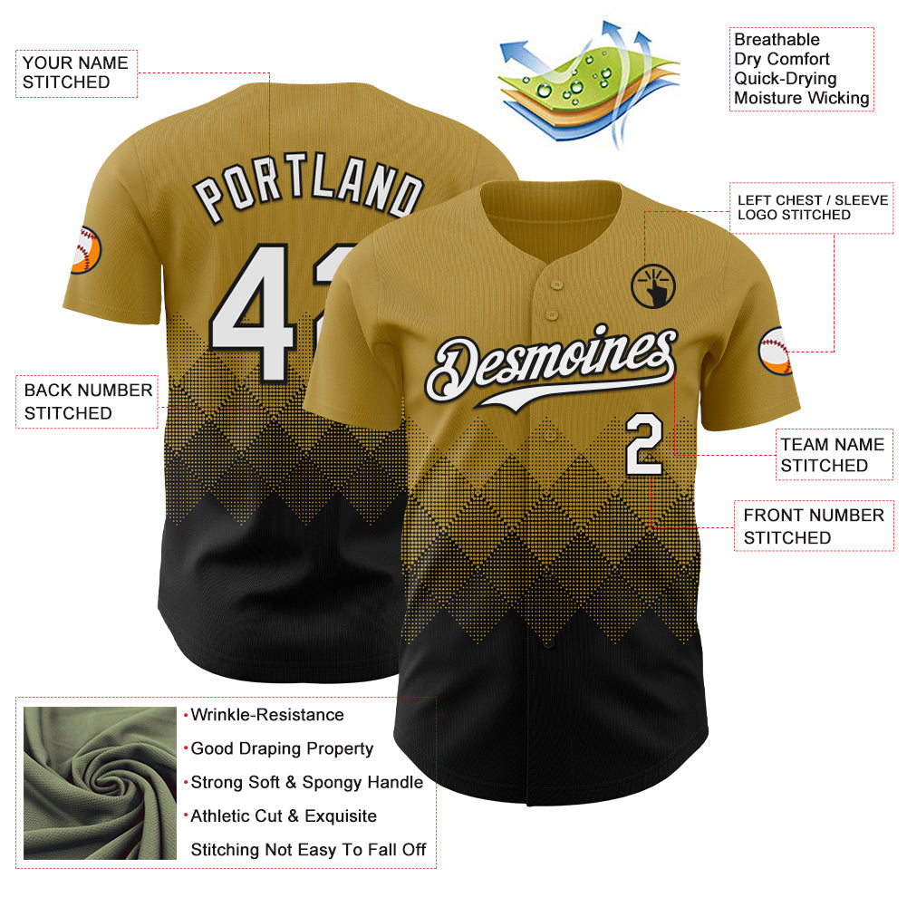 Custom Old Gold White-Black 3D Gradient Square Shape Authentic Baseball Jersey view 3