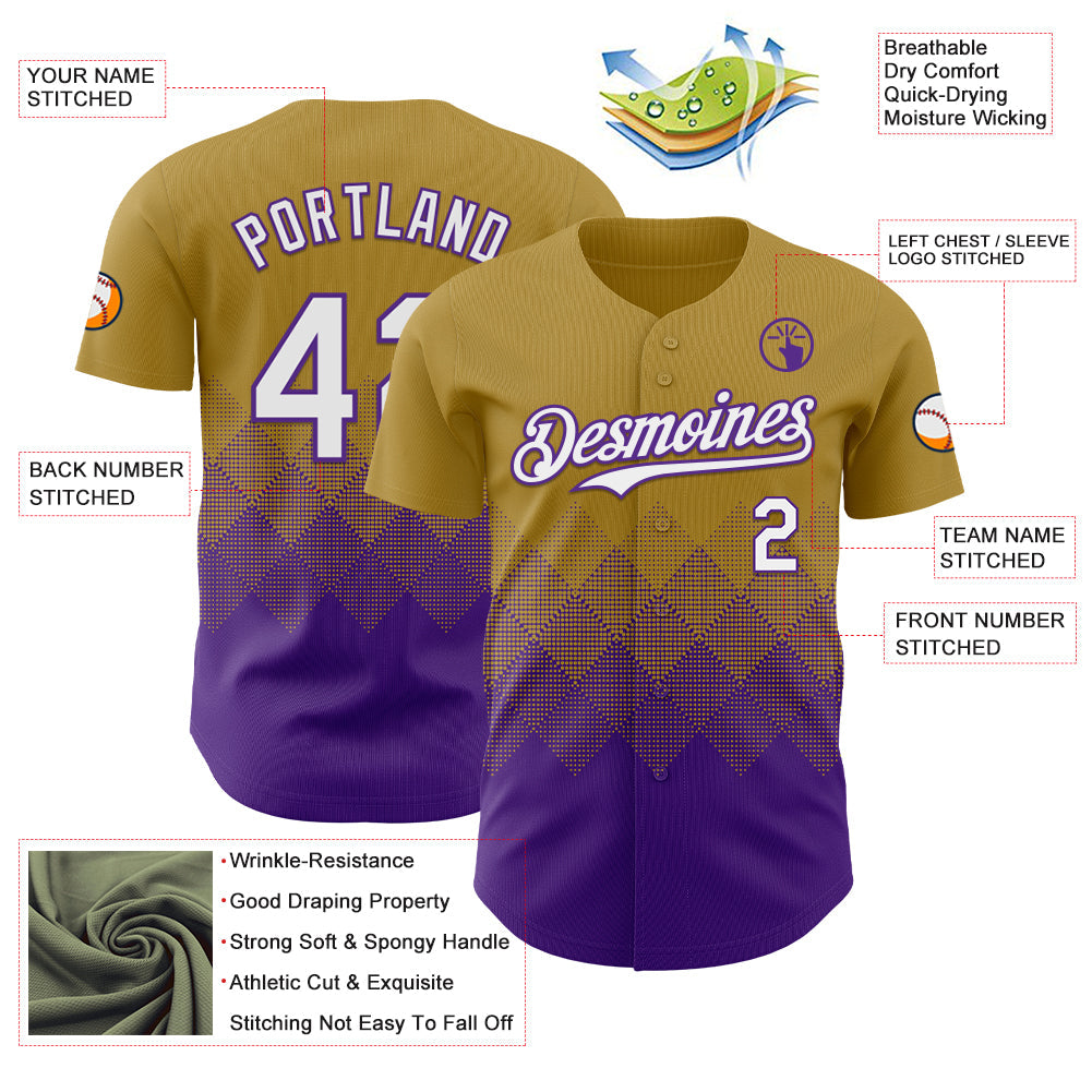 Custom Old Gold White-Purple 3D Gradient Square Shape Authentic Baseball Jersey view 3