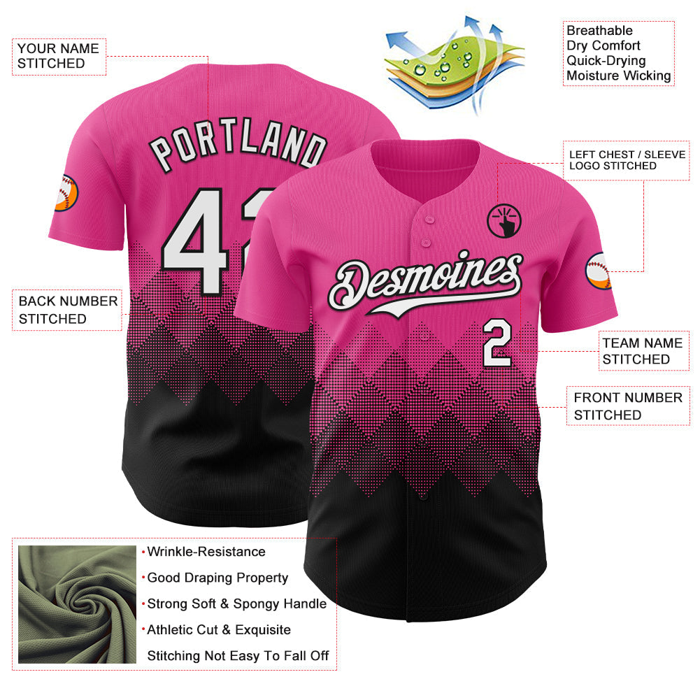 Custom Pink White-Black 3D Gradient Square Shape Authentic Baseball Jersey view 3
