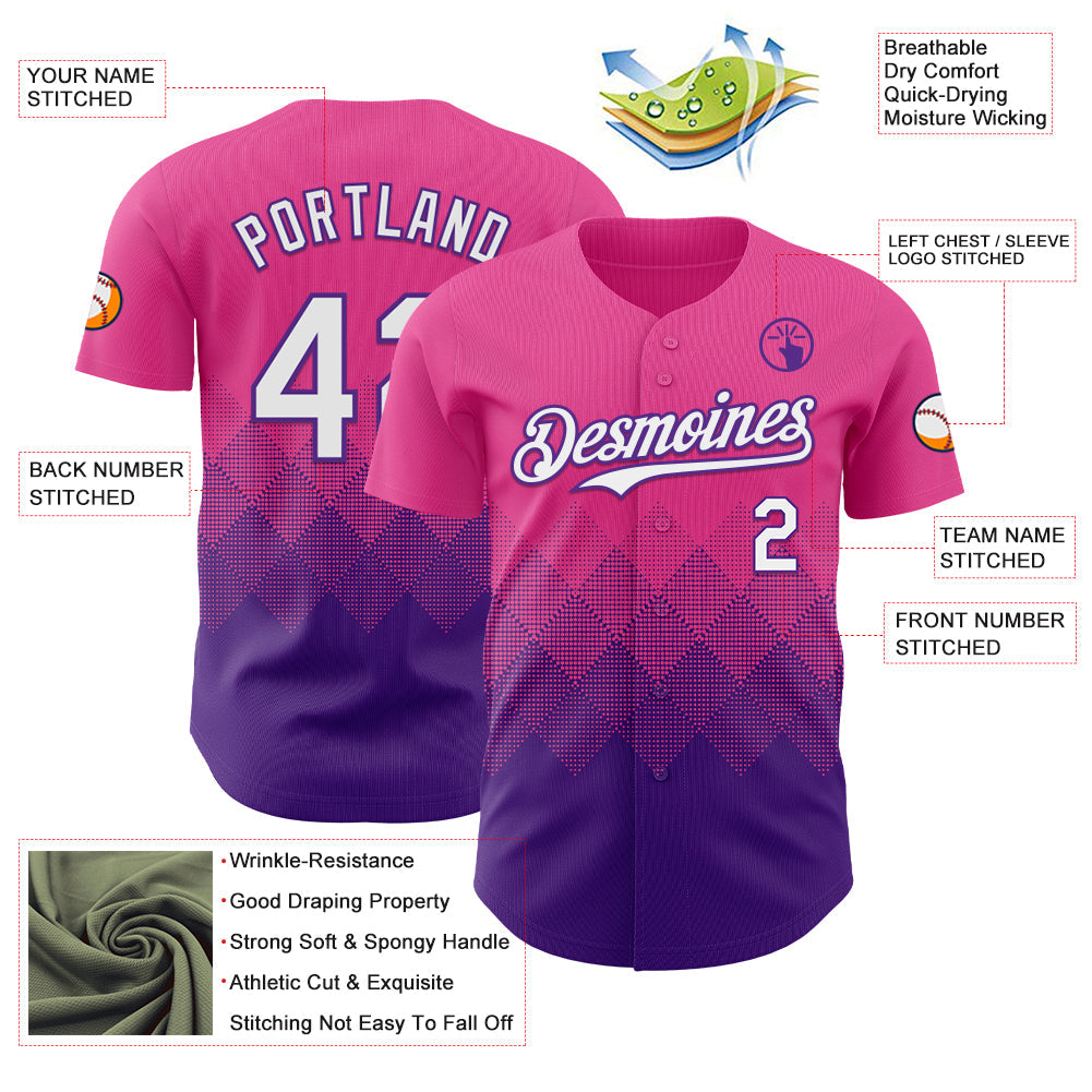 Custom Pink White-Purple 3D Gradient Square Shape Authentic Baseball Jersey view 3