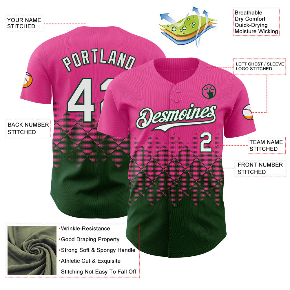 Custom Pink White-Green 3D Gradient Square Shape Authentic Baseball Jersey view 3