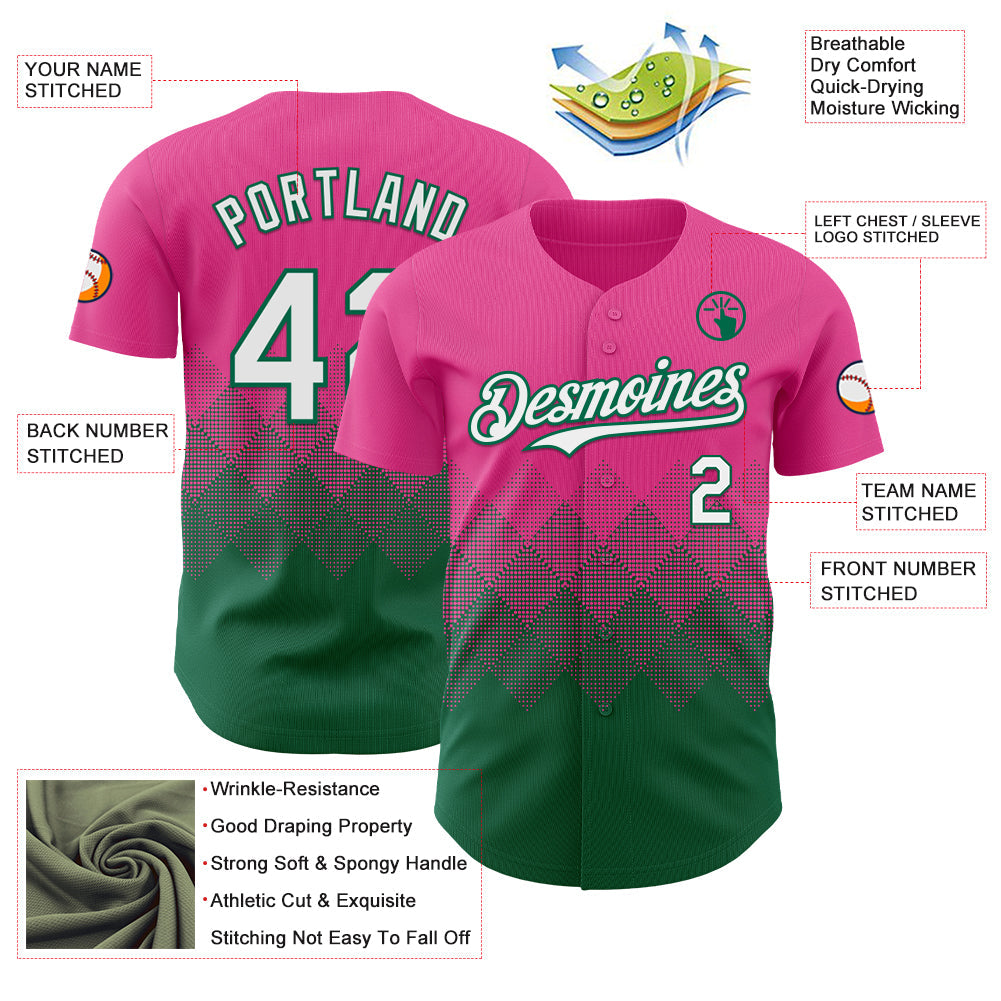 Custom Pink White-Kelly Green 3D Gradient Square Shape Authentic Baseball Jersey view 3