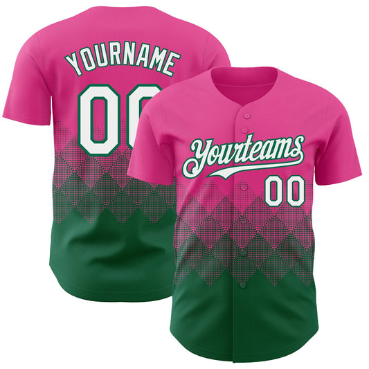 Custom Pink White-Kelly Green 3D Gradient Square Shape Authentic Baseball Jersey - Main View
