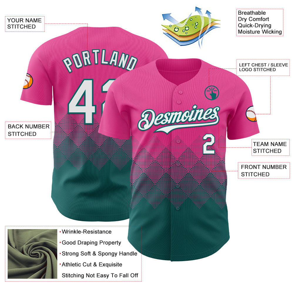 Custom Pink White-Teal 3D Gradient Square Shape Authentic Baseball Jersey view 3