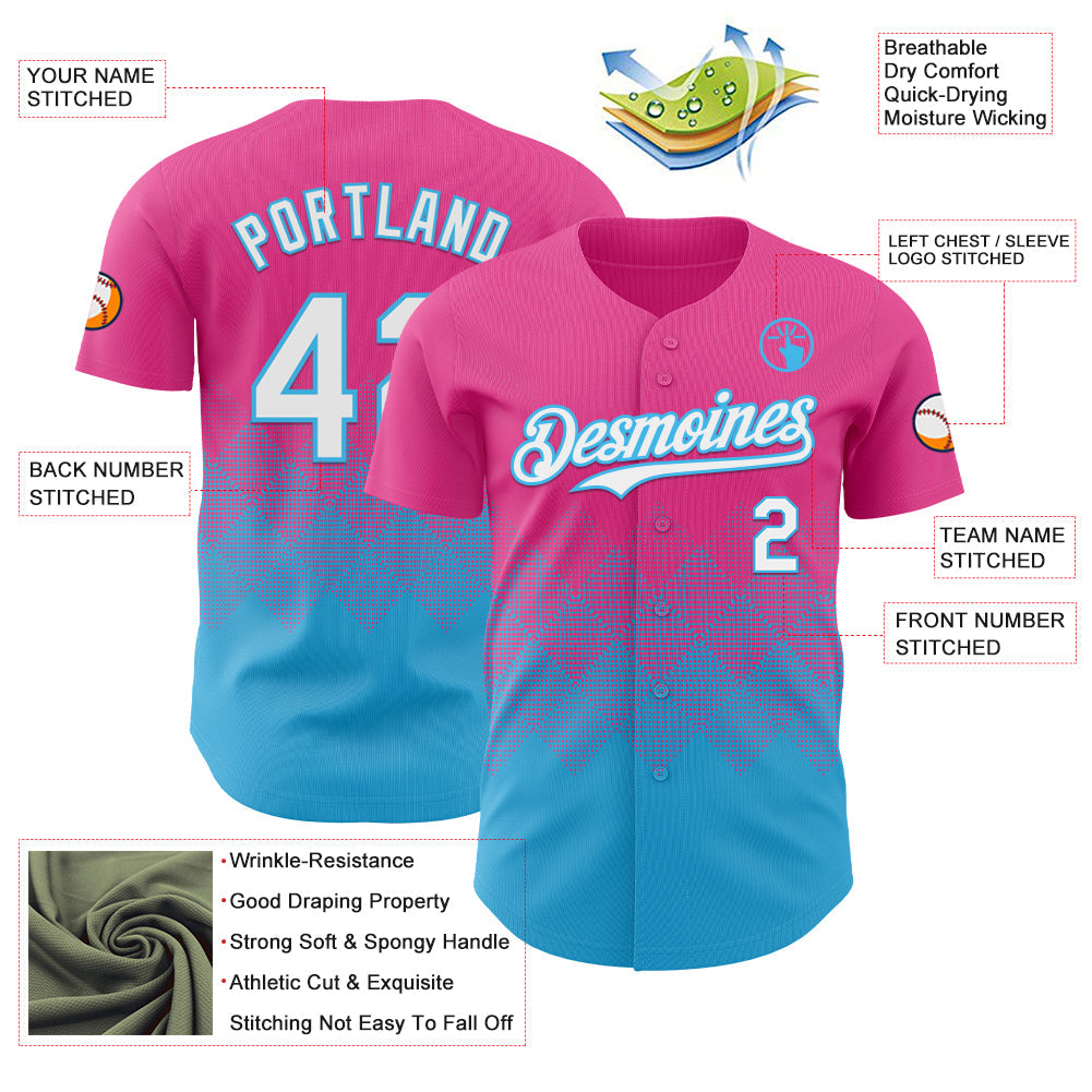Custom Pink White-Sky Blue 3D Gradient Square Shape Authentic Baseball Jersey view 3