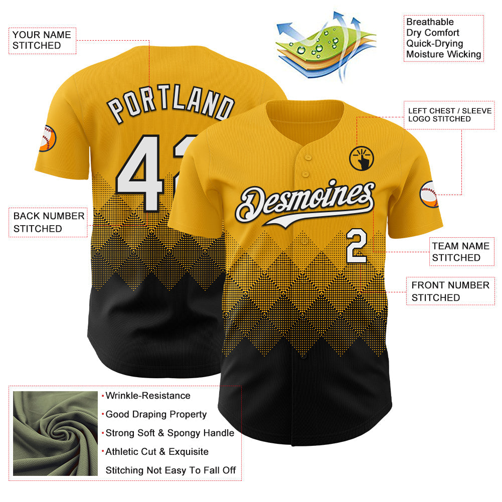 Custom Gold White-Black 3D Gradient Square Shape Authentic Baseball Jersey view 3