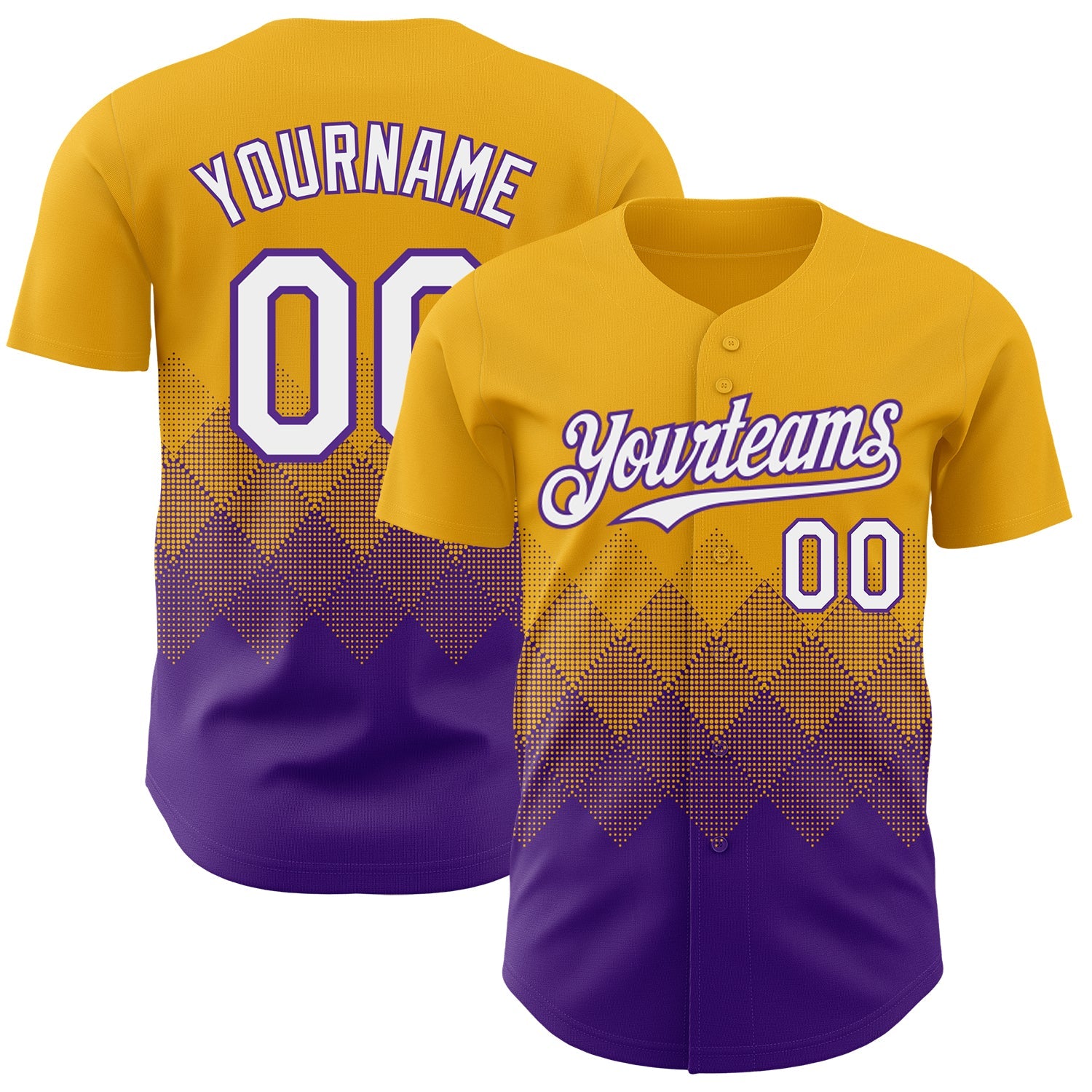 Custom Gold White-Purple 3D Gradient Square Shape Authentic Baseball Jersey - Main View