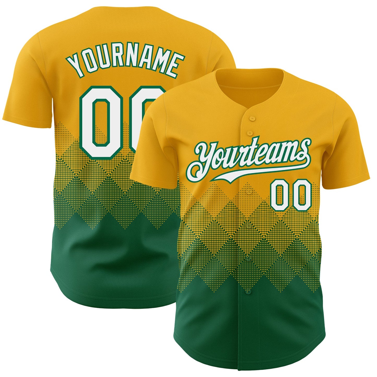 Custom Gold White-Kelly Green 3D Gradient Square Shape Authentic Baseball Jersey - Main View