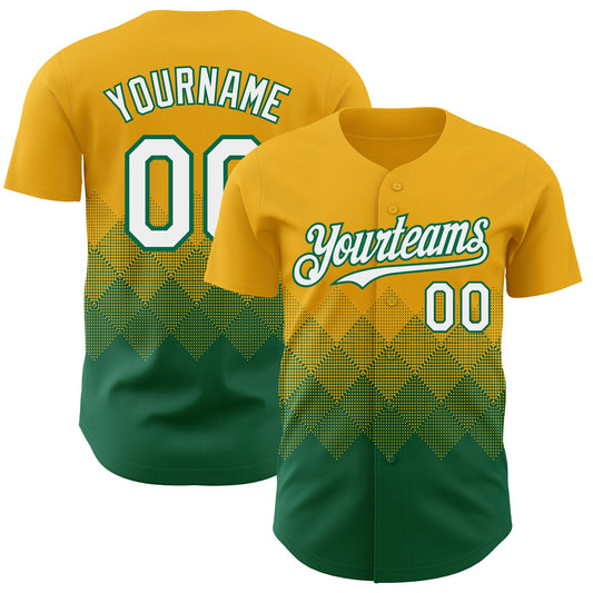 Custom Gold White-Kelly Green 3D Gradient Square Shape Authentic Baseball Jersey - Main View