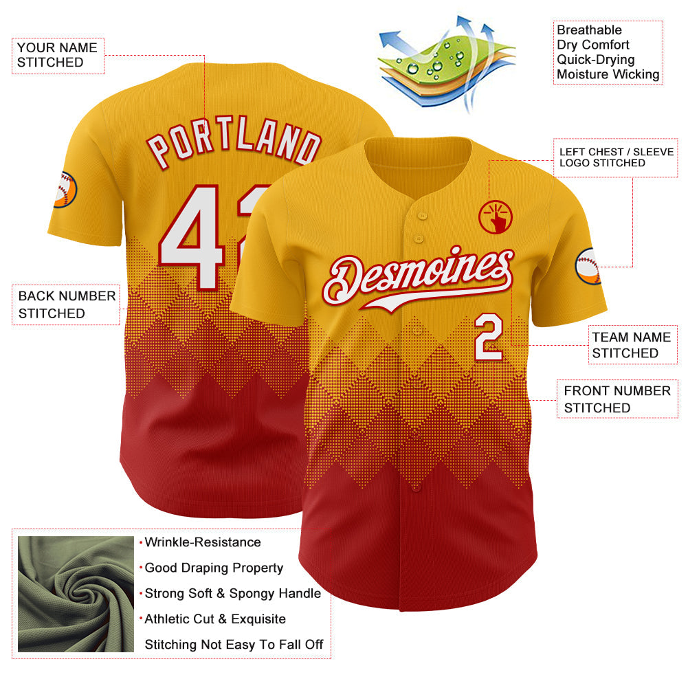 Custom Gold White-Red 3D Gradient Square Shape Authentic Baseball Jersey view 3