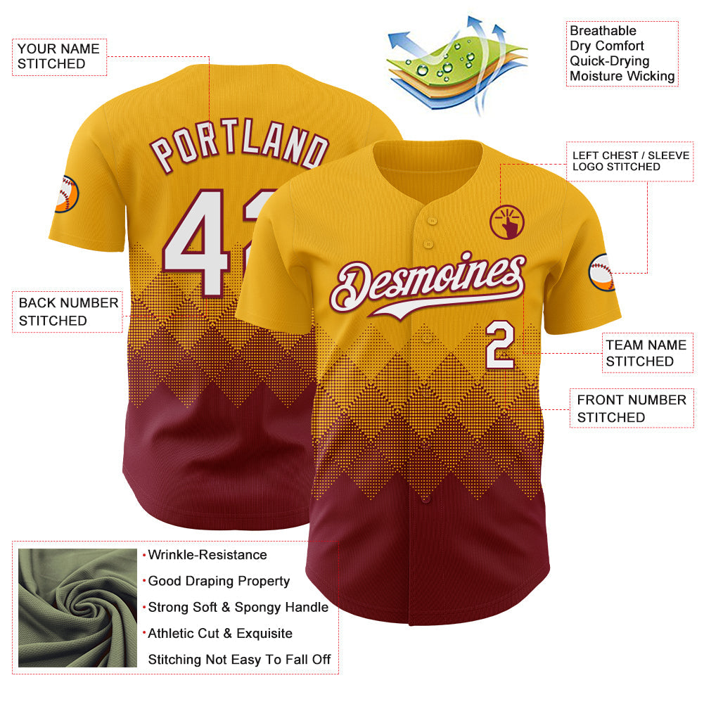 Custom Gold White-Crimson 3D Gradient Square Shape Authentic Baseball Jersey view 3