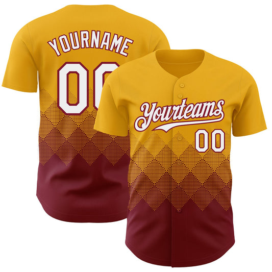 Custom Gold White-Crimson 3D Gradient Square Shape Authentic Baseball Jersey - Main View