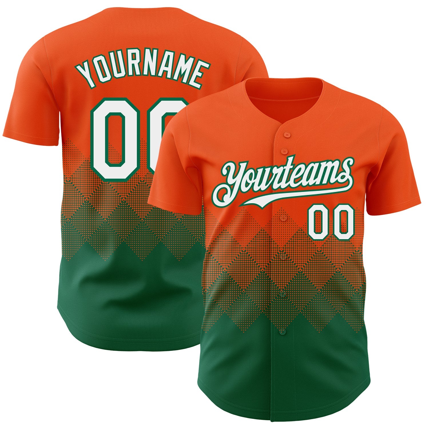 Custom Orange White-Kelly Green 3D Gradient Square Shape Authentic Baseball Jersey - Main View