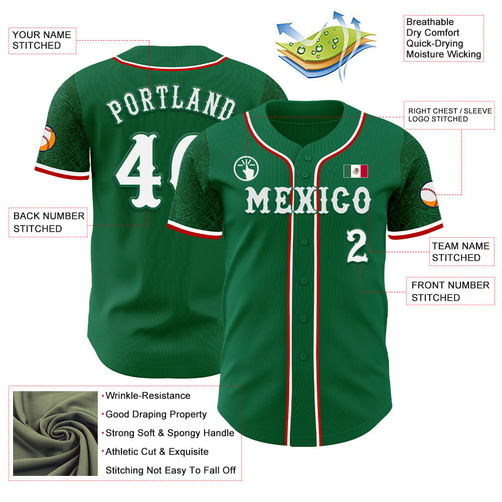 Custom Kelly Green White-Red 3D Mexico Mexican Flag Authentic Baseball Jersey view 3
