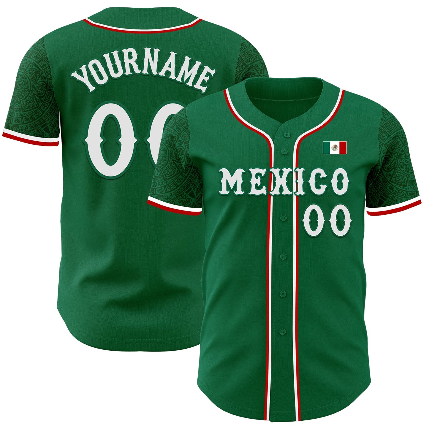 Custom Kelly Green White-Red 3D Mexico Mexican Flag Authentic Baseball Jersey - Main View