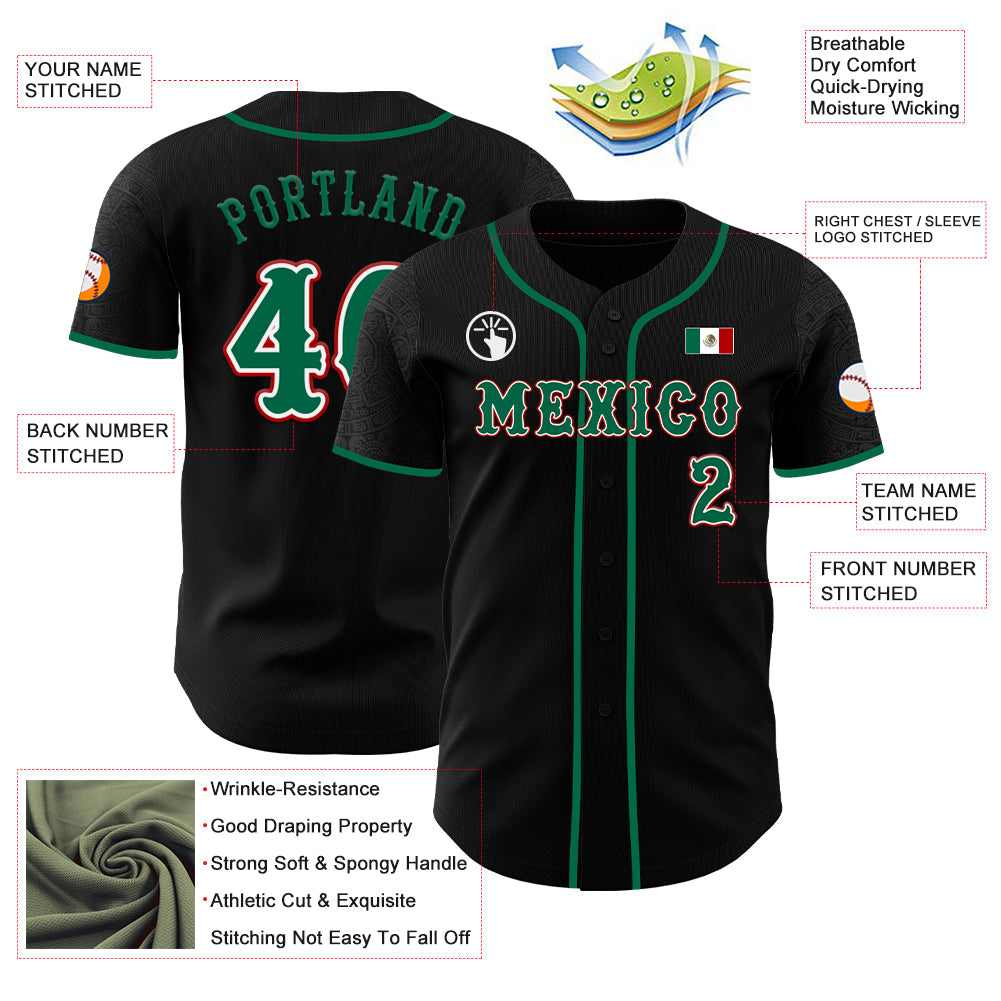 Custom Black Kelly Green White-Red 3D Mexico Mexican Flag Authentic Baseball Jersey view 3