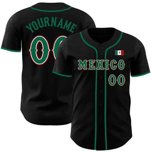 Custom Black Kelly Green White-Red 3D Mexico Mexican Flag Authentic Baseball Jersey - Main View