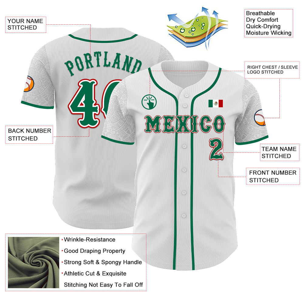 Custom White Kelly Green-Red 3D Mexico Mexican Flag Authentic Baseball Jersey view 3