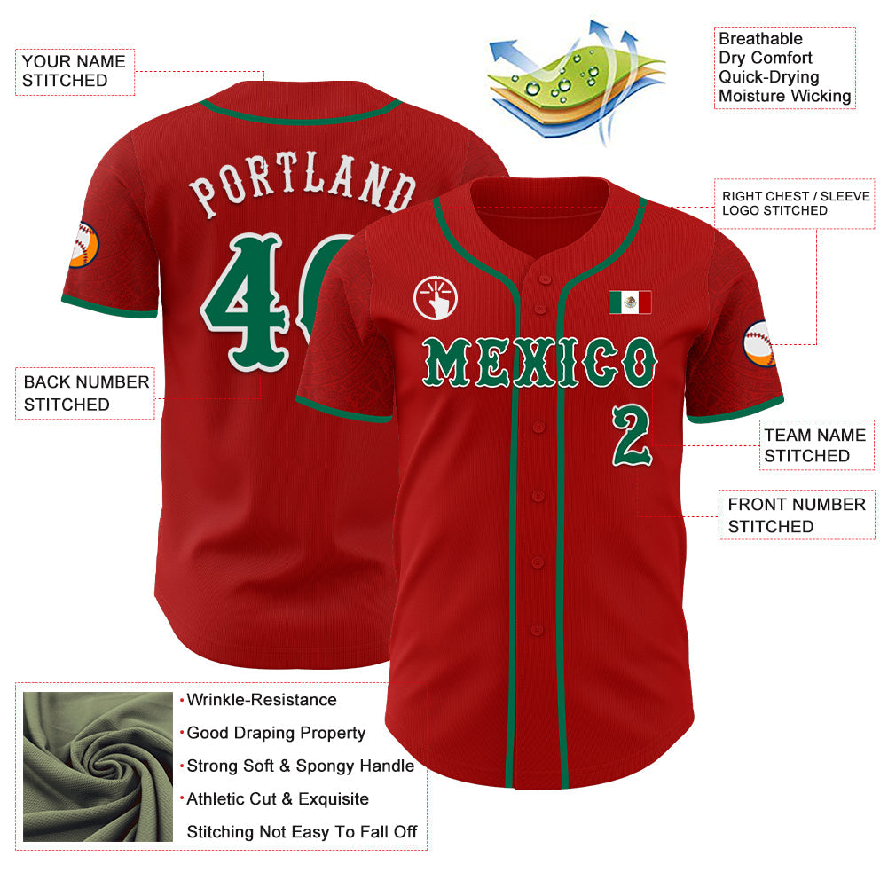 Custom Red Kelly Green-White 3D Mexico Mexican Flag Authentic Baseball Jersey view 3